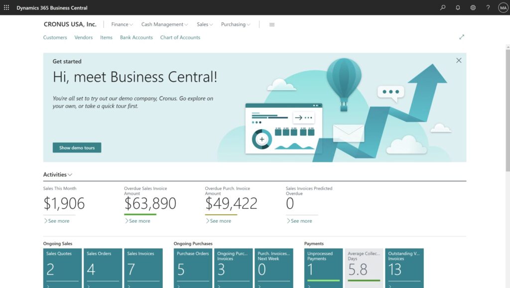 Screenshot of the Microsoft Business Central welcome screen 