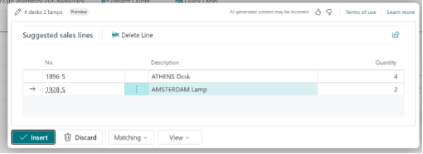 Screenshot of Copilot sales order prompts